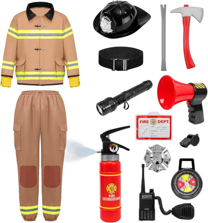 Halloween 14PCS Firefighter Costume for Kids, Boys Fireman Costume with Toys Set for Toddler Roleplay