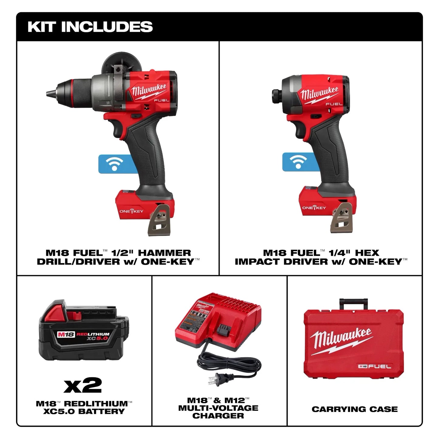 Milwauk ee 2796-22M18 FUEL ONE-KEY 18-Volt Lithium-Ion Brushless Cordless Hammer Drill/Impact Driver Combo Kit