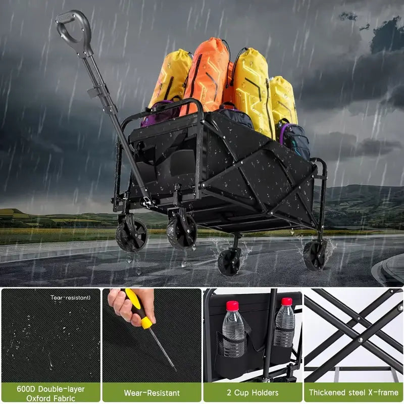 Heavy-Duty All-Terrain Folding Cart — 220 / 450 / 680 lb Capacity | Large-Capacity Camper & Utility Wagon for Yard, Shopping, Sports & Gardening (Black)