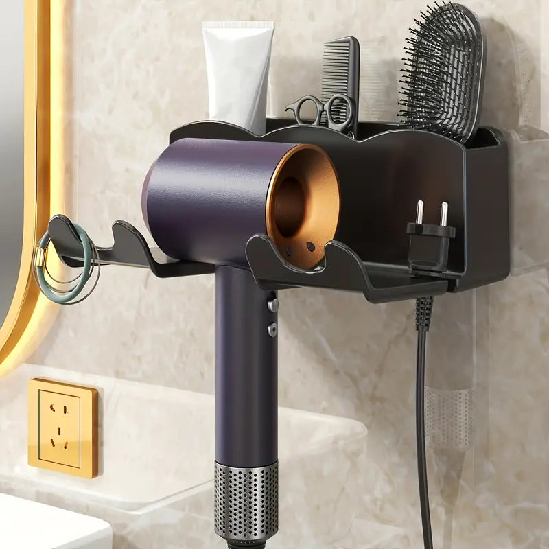Wall-Mounted Hair Dryer Holder – No-Drill Bathroom Organizer Shelf with Multi-Compartment Storage Rack for Hair Tools & Accessories