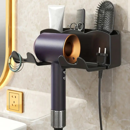 Wall-Mounted Hair Dryer Holder – No-Drill Bathroom Organizer Shelf with Multi-Compartment Storage Rack for Hair Tools & Accessories