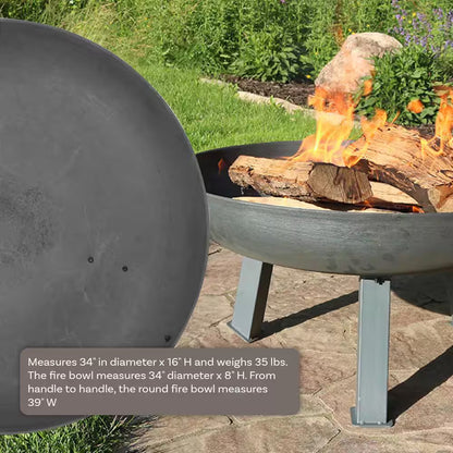 34 In. X 15 In. round Cast Iron Wood Burning Fire Pit Bowl in Steel