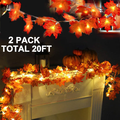 2 Pack Fall Decor Enlarged Maples Leafed Lights Total 20Ft 40LED Thanksgiving Halloween Fall Decorations for Home,Battery Operated Autumn Garland Waterproof Indoor Outdoor Holiday Christmas