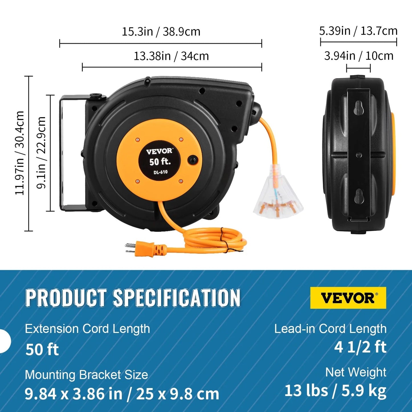 VEVOR 50Ft Retractable Extension Cord Reel 14AWG/3CSJTOW Power Cord Reel