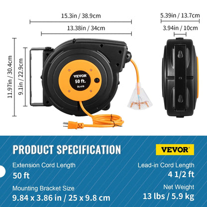 VEVOR 50Ft Retractable Extension Cord Reel 14AWG/3CSJTOW Power Cord Reel