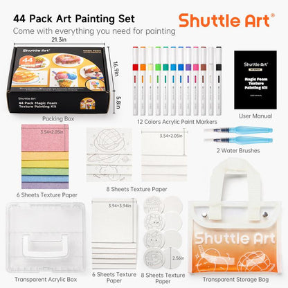 44 Pcs Magic Foam Texture Painting Kit, Including 28 Pcs Foam Texture Paper, 12 Colors Brush Tip Automatic Ink Control Acrylic Paint Markers, Magical 3D Effect Painting Kit for DIY Arts,Toys, Toy Crafts Gift