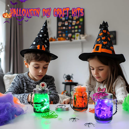 Halloween Crafts for Kids, 3 Pack Glass Mason Jar with Accessories, Halloween Toys Party Favor Garden Creative Activities Decoration Art Project