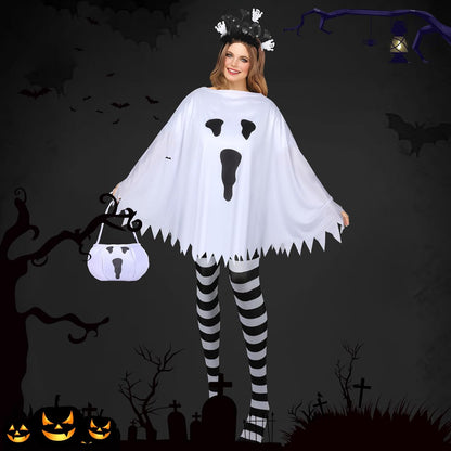 4 PCS Halloween Costume Set for Women Adult Ghost Costume, Ghost Costume Poncho, Candy Bag, Ghost Headband and Nylon Striped Tights for Halloween Cosplay Party