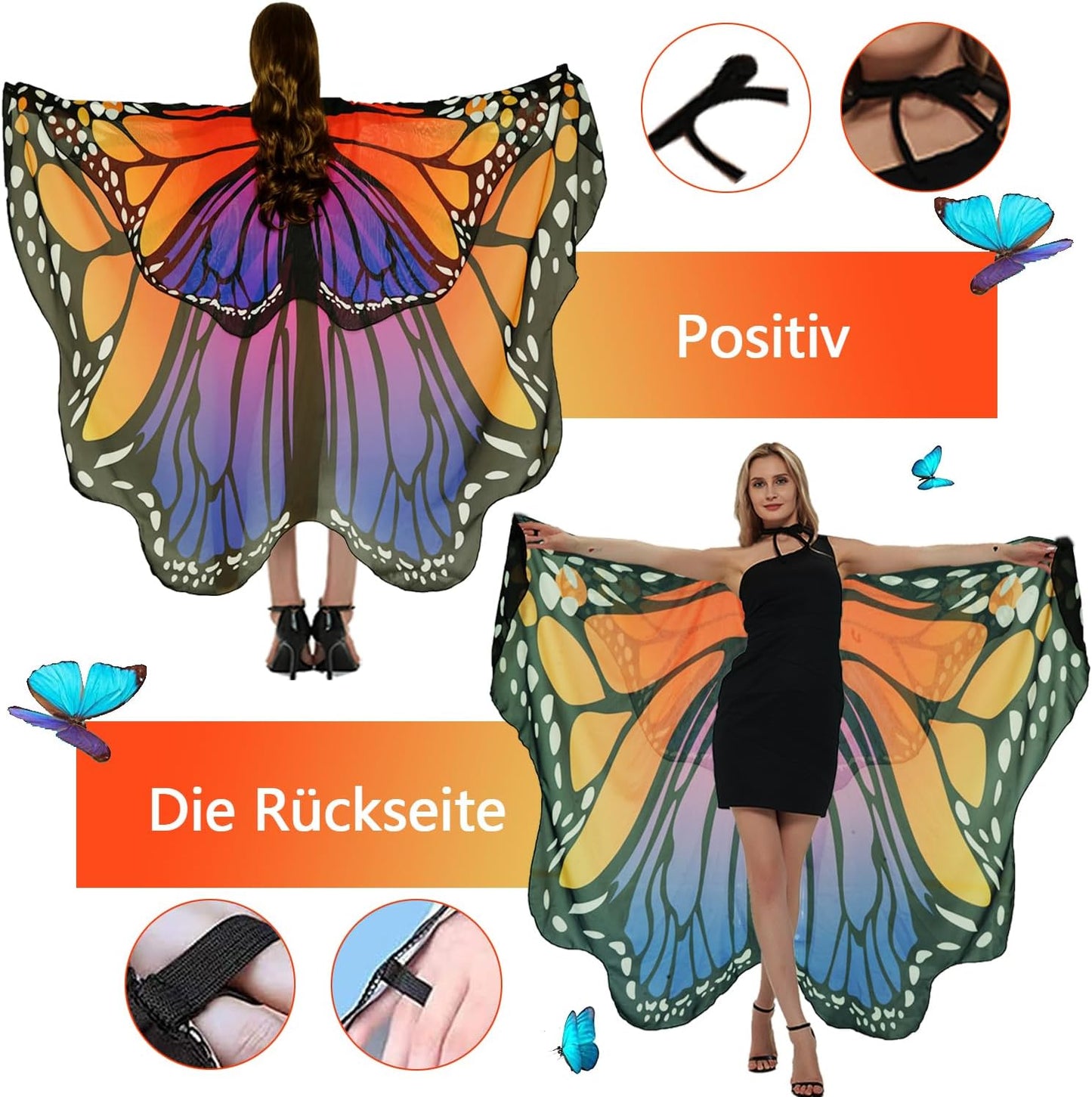 Adult Butterfly Costume Women Monarch Butterfly Wings Cape Shawl Halloween 3Pcs Mask Hairband