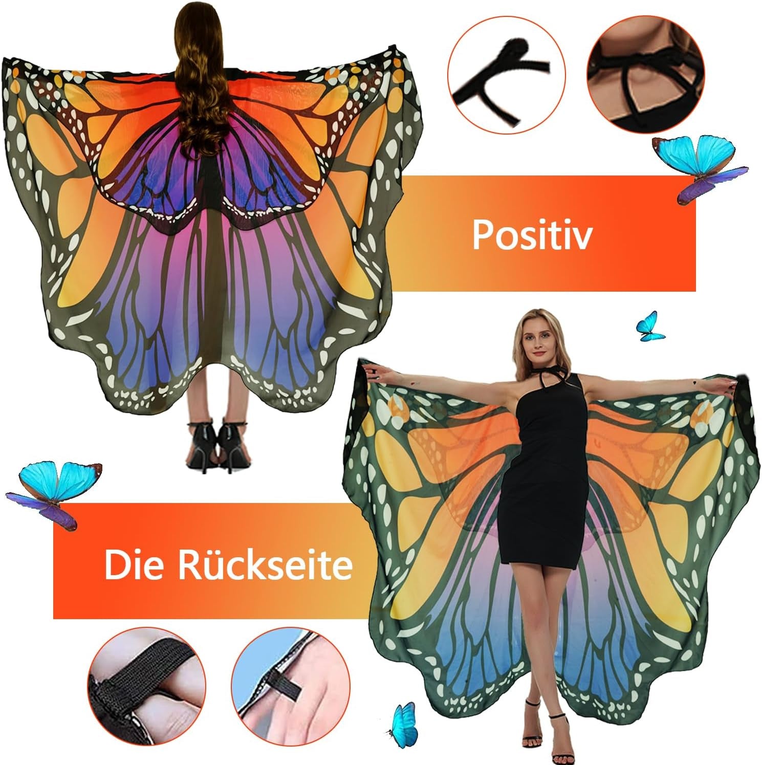 Adult Butterfly Costume Women Monarch Butterfly Wings Cape Shawl Halloween 3Pcs Mask Hairband