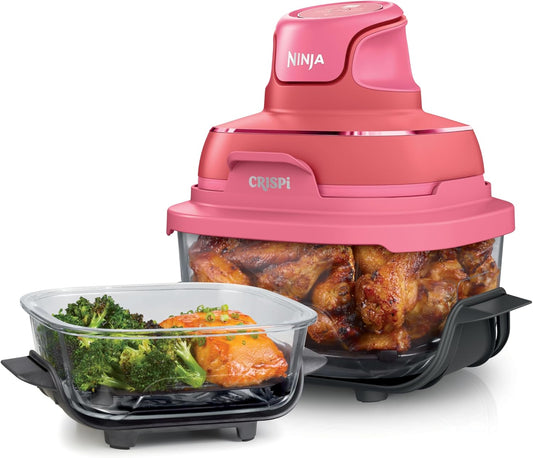 | Air Fryer | Crispi 4-In-1 Portable Cooking System | 4QT & 6 Cup Glass Containers, Crisper Plates & Storage Lids Included | Microwave, Freezer & Dishwasher Safe | Cherry Crush | FN101DR