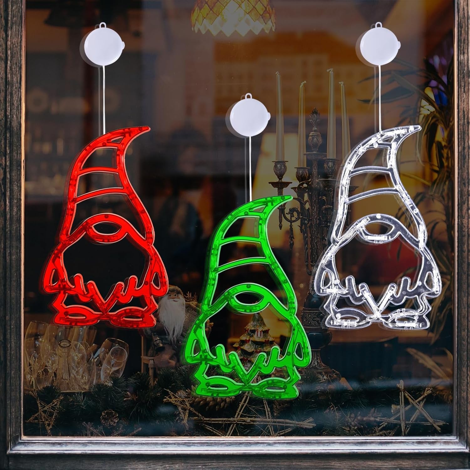 Christmas Window Lights 3 Pack Red White and Green Gnomes Xmas Lights with Suction Cups 2024 Upgrade Timer Function and Slowly Fade Mode Battery Operated Indoor Decors Christmas Decorations