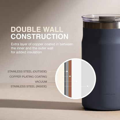 Metro Mug Premium 18/8 Stainless Steel Double Wall Insulated with Handle Perfect for Table with Lid, Black, 16 Oz