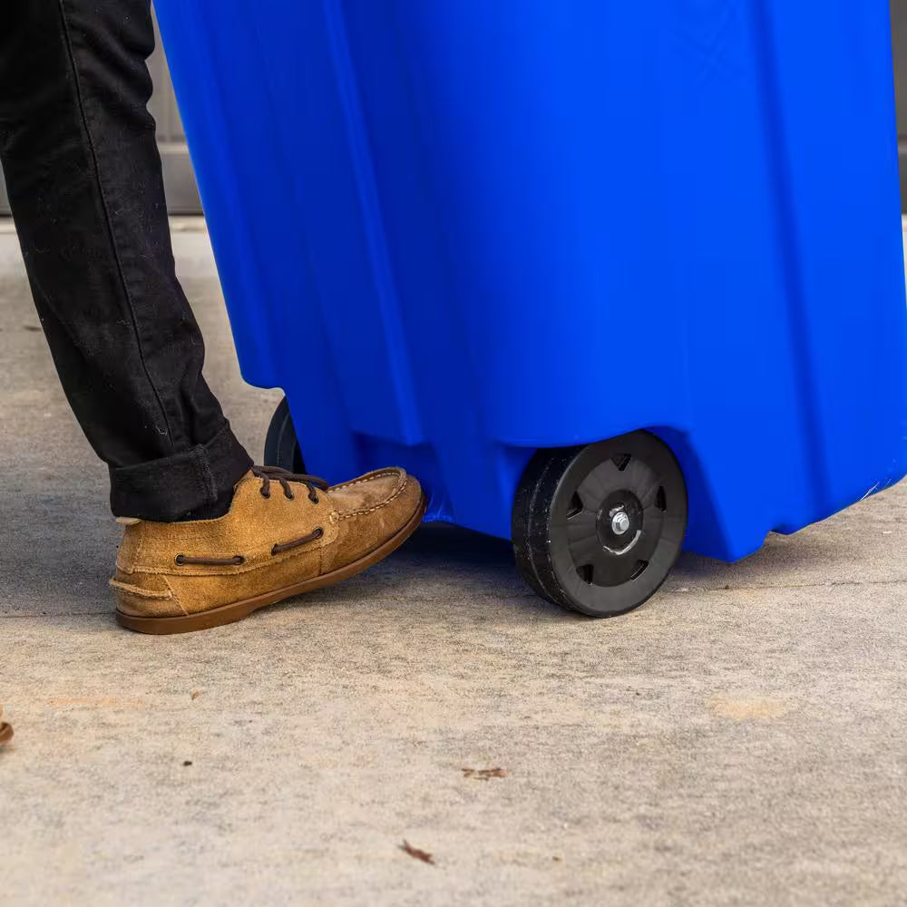 45 Gal. Blue Outdoor Vented Recycling Trash Can with Wheels, Attached Lid, Rounded Handles, and Reinforced Foothold