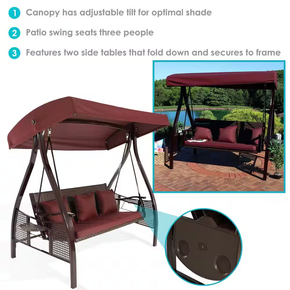 Deluxe Steel Frame Porch Swing with Maroon Cushion, Canopy and Side Tables