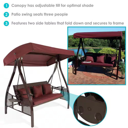 Deluxe Steel Frame Porch Swing with Maroon Cushion, Canopy and Side Tables