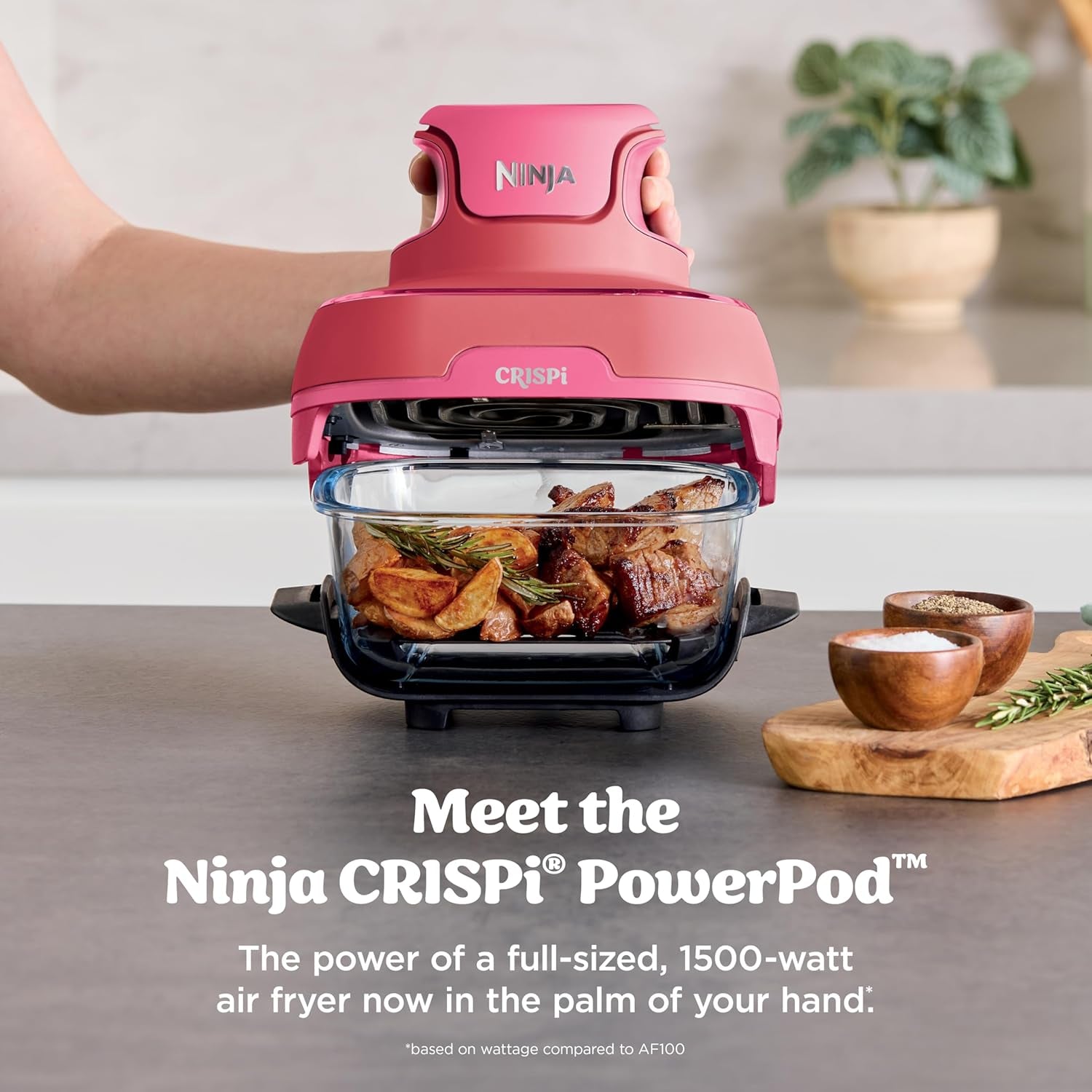 | Air Fryer | Crispi 4-In-1 Portable Cooking System | 4QT & 6 Cup Glass Containers, Crisper Plates & Storage Lids Included | Microwave, Freezer & Dishwasher Safe | Cherry Crush | FN101DR