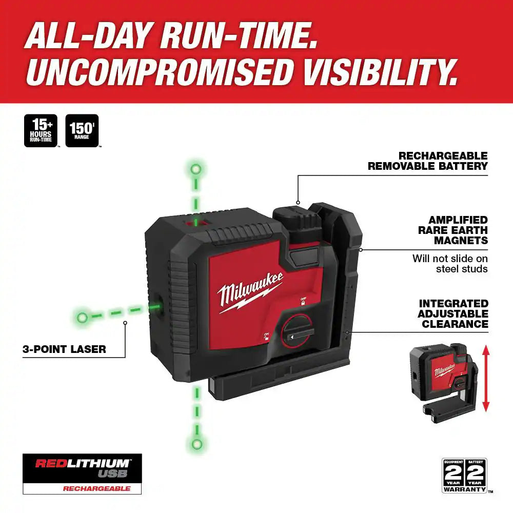 Green 100 Ft. 3-Point Rechargeable Laser Level with REDLITHIUM Lithium-Ion USB Battery and Charger