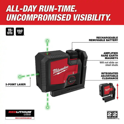 Green 100 Ft. 3-Point Rechargeable Laser Level with REDLITHIUM Lithium-Ion USB Battery and Charger