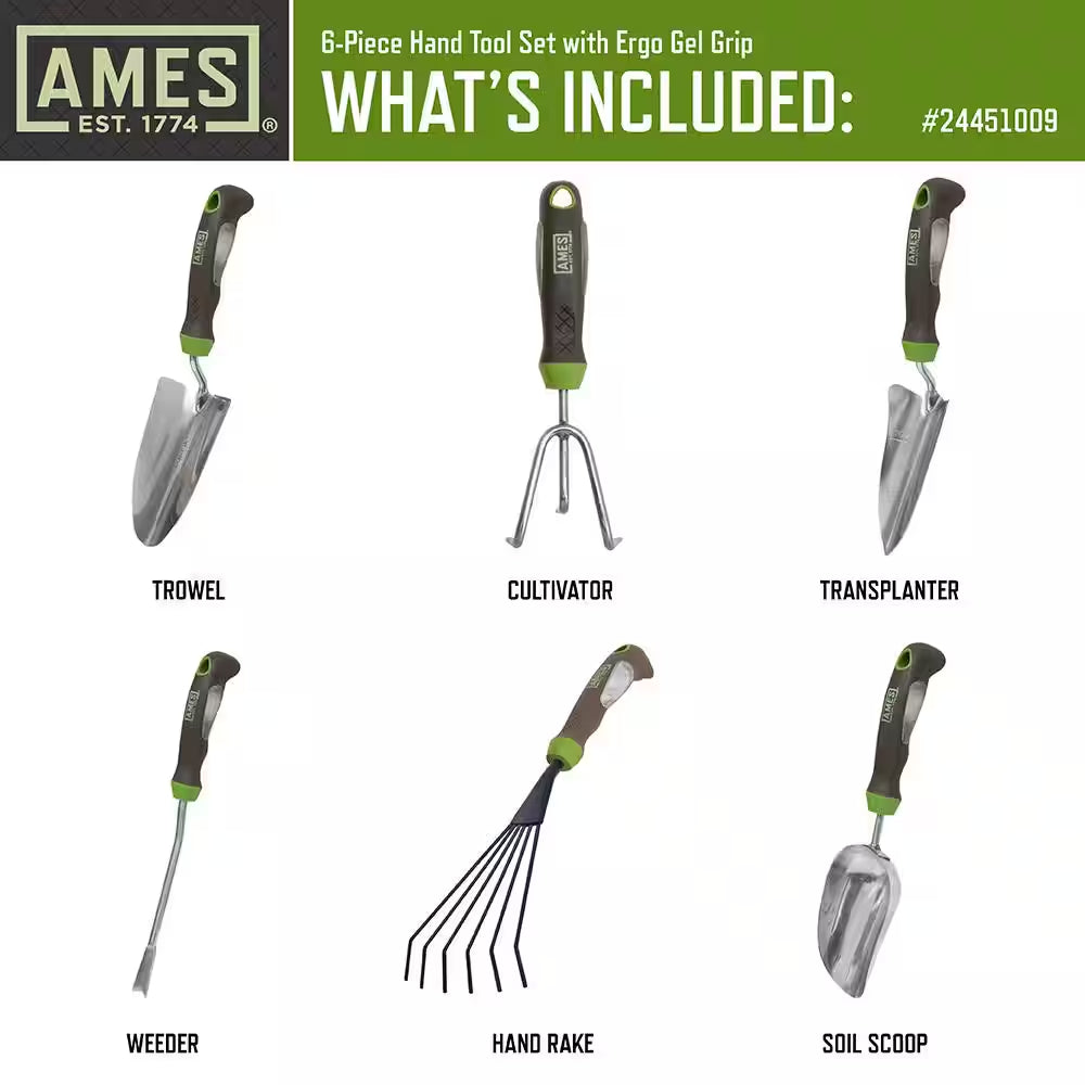 6-Piece Garden Tool Set - Hand Trowel, Hand Weeder, Hand Rake, Hand Transplanter, Hand Scoop and Hand Cultivator