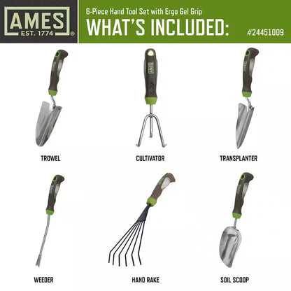 6-Piece Garden Tool Set - Hand Trowel, Hand Weeder, Hand Rake, Hand Transplanter, Hand Scoop and Hand Cultivator