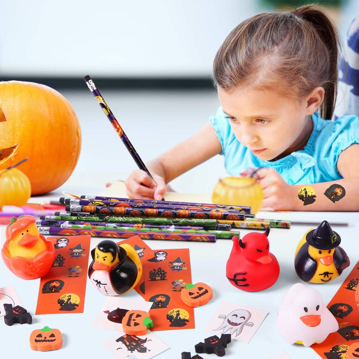 156-Piece Party Favors Assortment | 72 Glitter Tattoos | 48 Erasers | 12 Ducks | 12 Sticker Sheets | 12 Pencils - Halloween Themed