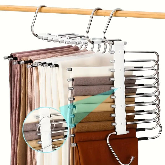 Collapsible 9-Layer Pants Hanger – Space-Saving Stainless Steel Multifunctional Closet Organizer, Non-Slip Metal Hangers for Pants, Jeans, Skirts & Trousers