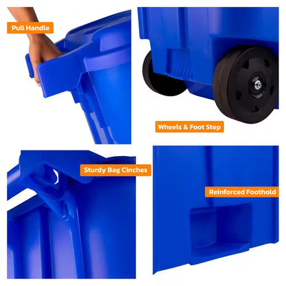 45 Gal. Blue Outdoor Vented Recycling Trash Can with Wheels, Attached Lid, Rounded Handles, and Reinforced Foothold