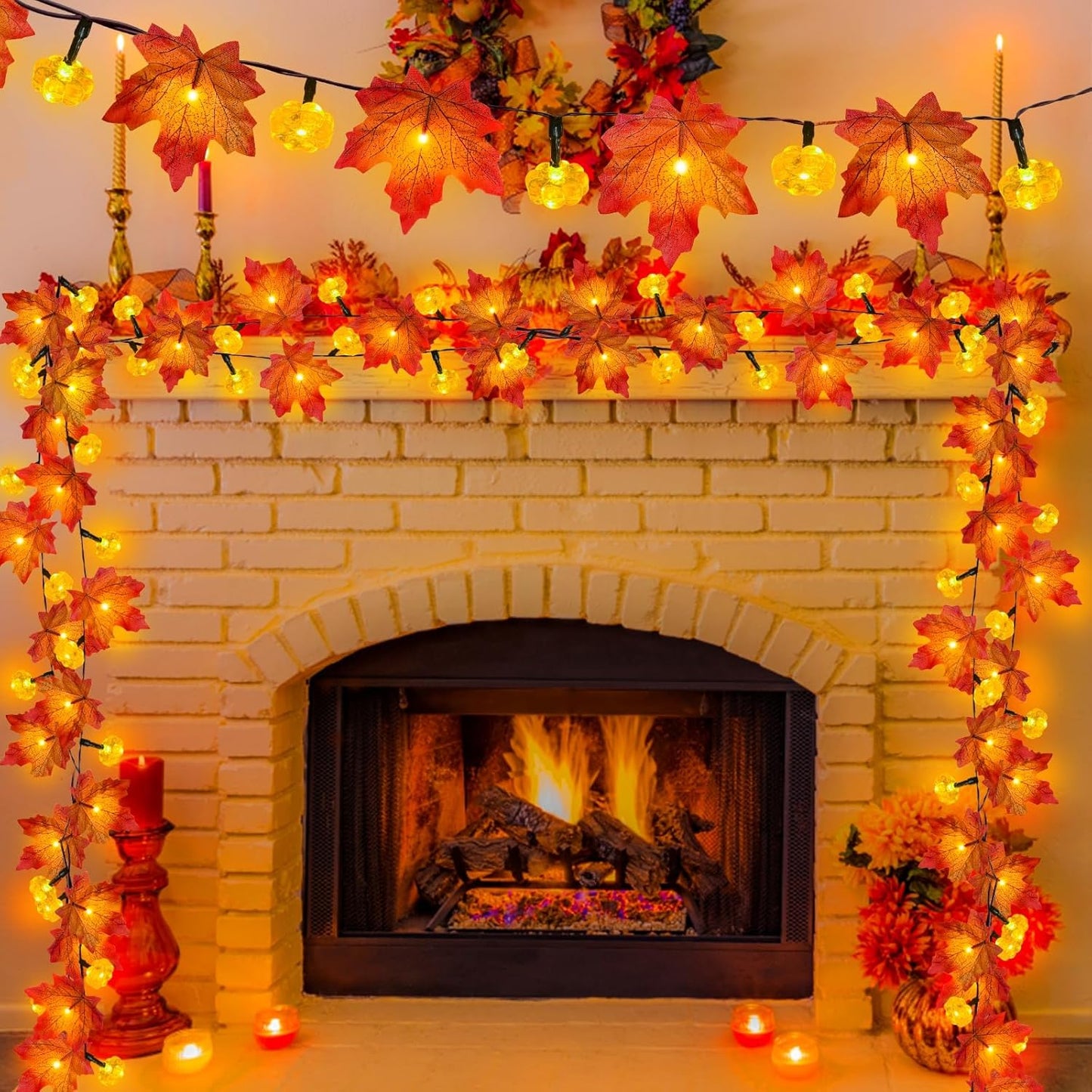 3 Pack&Timer-Fall Garland with Pumpkin Lights Halloween Fall Decorations for Home,30Ft 60LED Halloween Lights Patented Enlarged Maples Leaf Battery Operated Thanksgiving Decor Indoor Outdoor Christmas