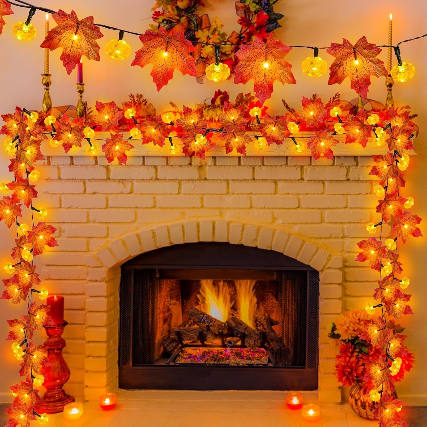 3 Pack&Timer-Fall Garland with Pumpkin Lights Halloween Fall Decorations for Home,30Ft 60LED Halloween Lights Patented Enlarged Maples Leaf Battery Operated Thanksgiving Decor Indoor Outdoor Christmas