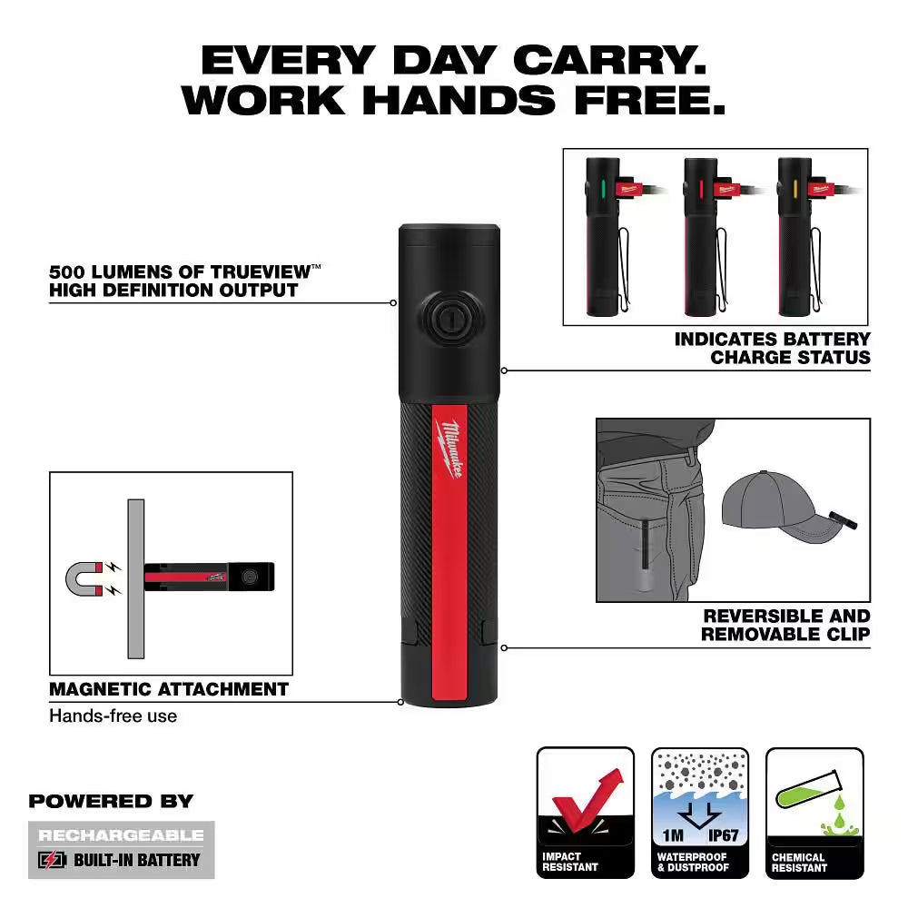 500 Lumens EDC Everyday Carry Internal Rechargeable Flashlight with Magnet