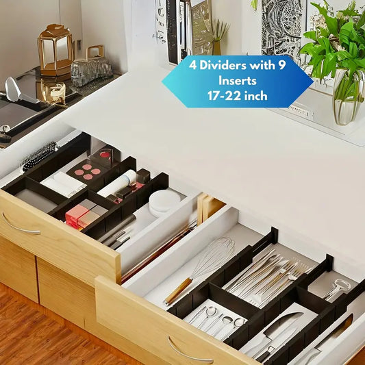 Adjustable Wooden Drawer Organizer Tray – 4 Dividers & 9 Inserts for 17–22" Drawers, Unfinished Finish with Labels – Kitchen, Office & Closet Organization