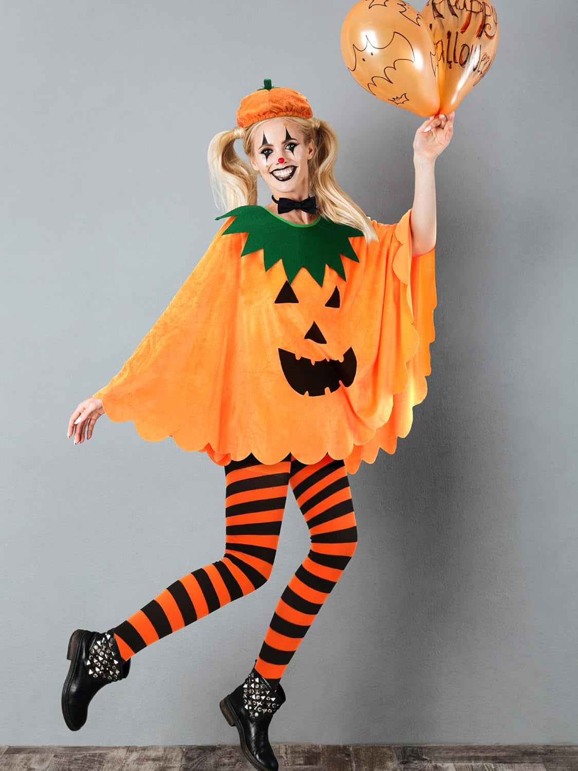 4 Pcs Halloween Adult Pumpkin Costume Set Pumpkin Cloak Poncho with Candy Bag Funny Hat Striped Tights for Women Party Cosplay Clothes Multicolor