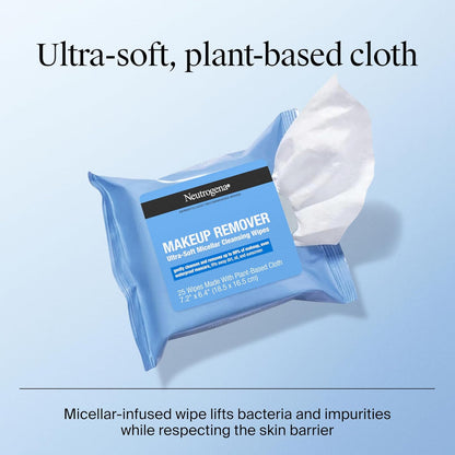 Makeup Remover Wipes Micellar Alcohol-Free Face Towelettes Remove Waterproof Mascara & Oil, Compostable 100% Plant-Based Cloth, Dermatologist & Ophthalmologist Tested, Twin Pack 2 X 25 Ct