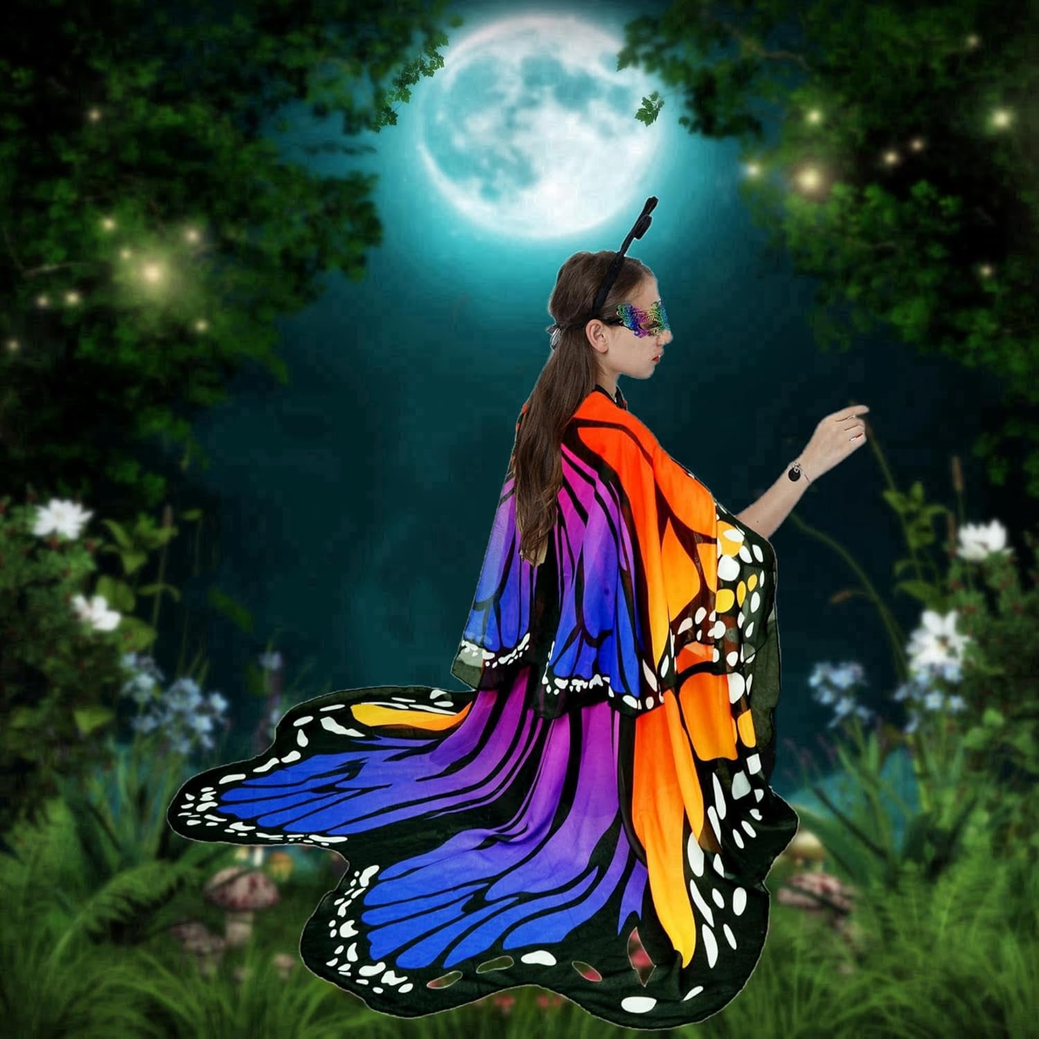 Adult Butterfly Costume Women Monarch Butterfly Wings Cape Shawl Halloween 3Pcs Mask Hairband