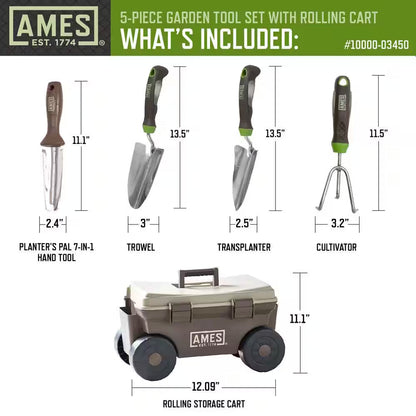 5-Piece Digging, Transferring, and Cultivating Garden Tool Set with Rolling Cart