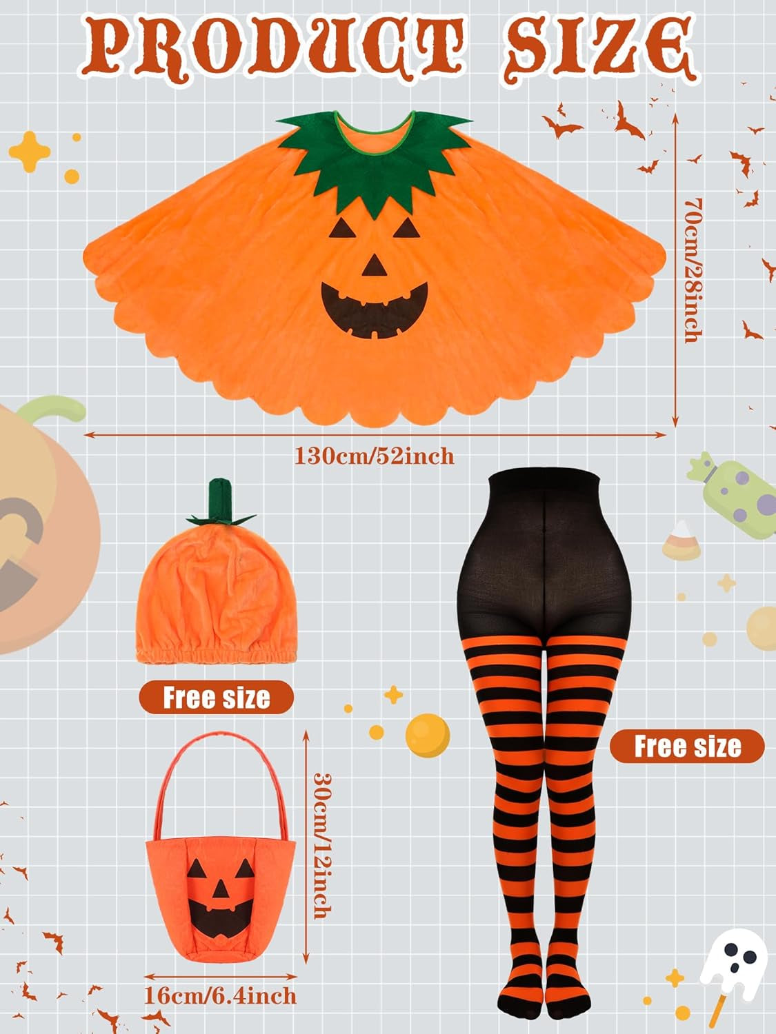 4 Pcs Halloween Adult Pumpkin Costume Set Pumpkin Cloak Poncho with Candy Bag Funny Hat Striped Tights for Women Party Cosplay Clothes Multicolor