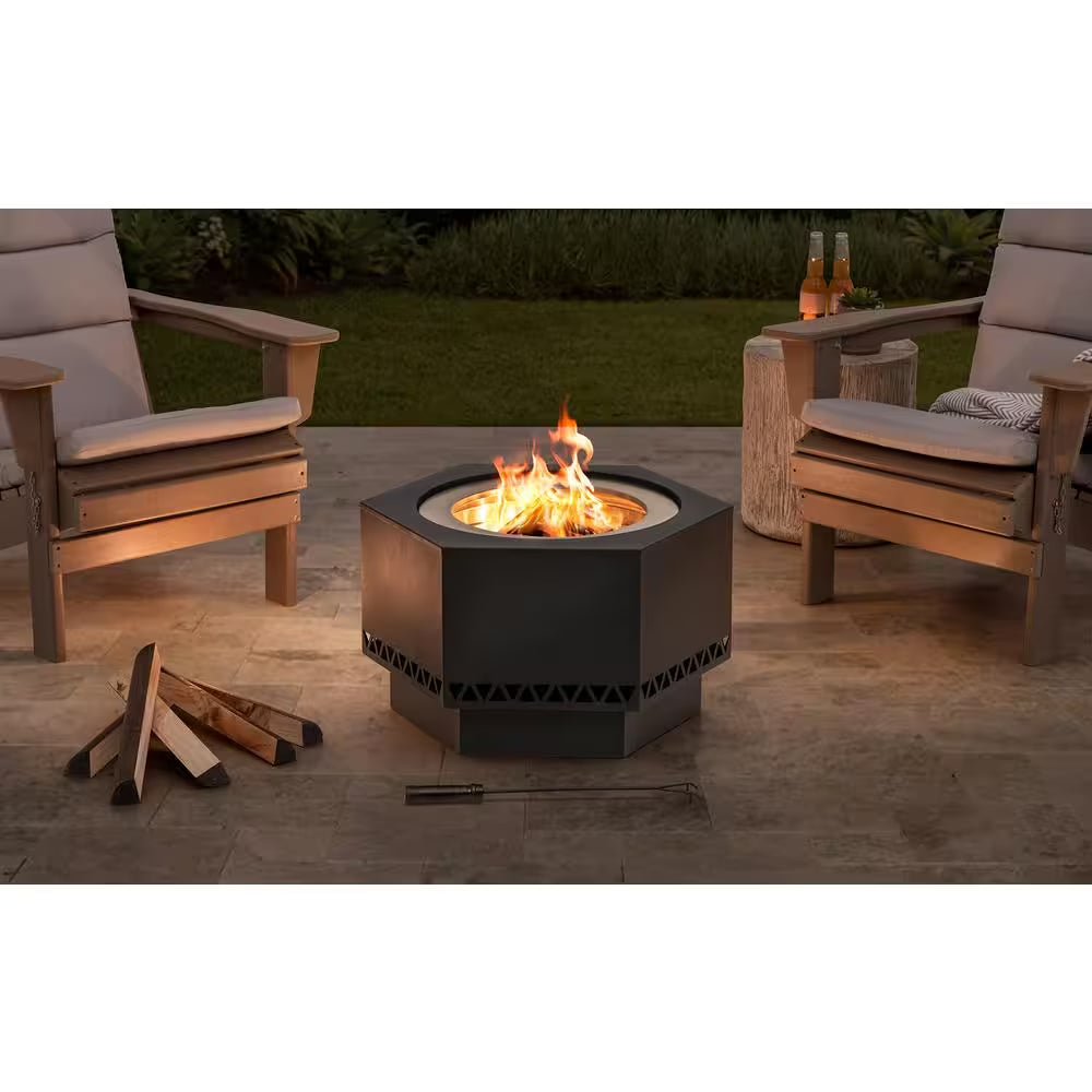28 In. Hexagonal Outdoor Patio Wood Burning Smokeless Firepit