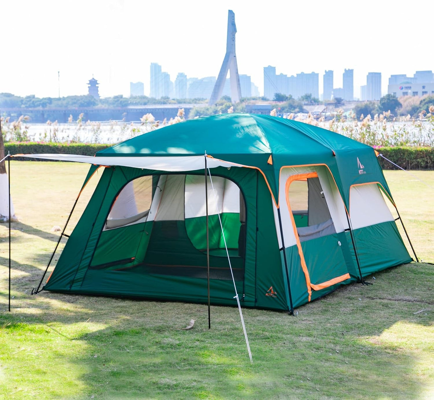 Extra Large Tent 10-12-14 Person(A),Family Cabin Tents,2 Rooms,3 Doors and 3 Windows with Mesh,Straight Wall,Waterproof,Double Layer,Big Tent for Outdoor,Picnic,Camping,Family Gathering