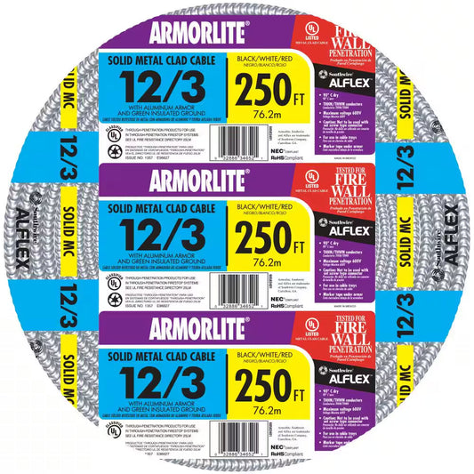 12/3 X 250 Ft. Solid CU MC (Metal Clad) Armorlite Cable