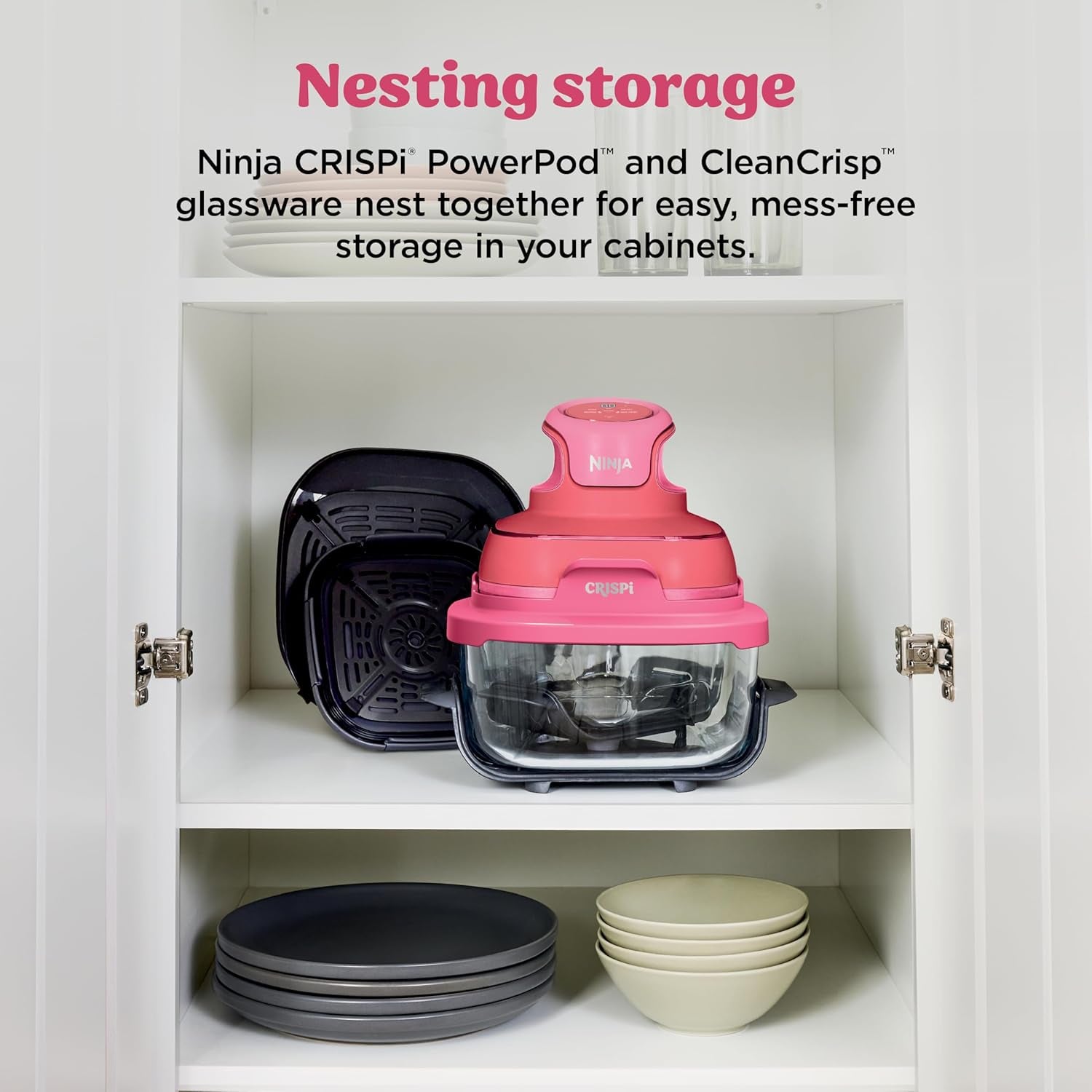 | Air Fryer | Crispi 4-In-1 Portable Cooking System | 4QT & 6 Cup Glass Containers, Crisper Plates & Storage Lids Included | Microwave, Freezer & Dishwasher Safe | Cherry Crush | FN101DR