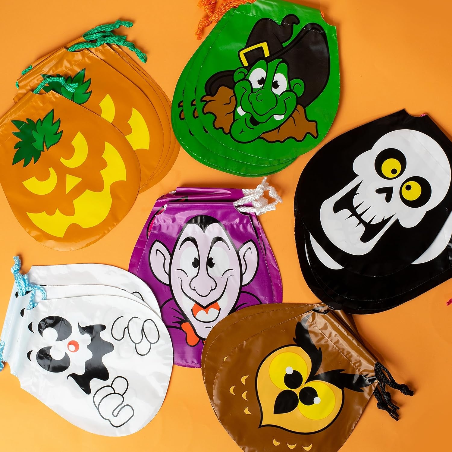 72PCS Halloween Drawstring Goody Bags, Halloween Treats Bags, Trick or Treat Bag, Goodie Candy Gift Bag Bulk for Kids Trick or Treating, Party Favors Supplies, 12 Designs Classroom Gifts Prizes
