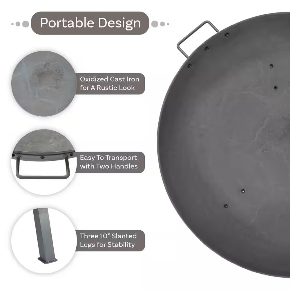 34 In. X 15 In. round Cast Iron Wood Burning Fire Pit Bowl in Steel