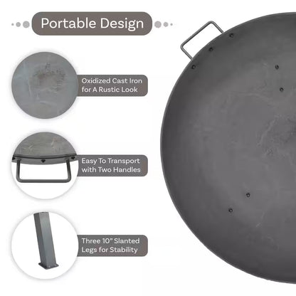 34 In. X 15 In. round Cast Iron Wood Burning Fire Pit Bowl in Steel