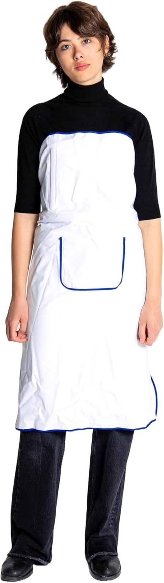 ONE TOUCH APRON PRO with POCKET - Strapless Apron – No Shoulder Strain, White and Blue Kitchen Apron without Ties - Waterproof Apron - Japan Brand
