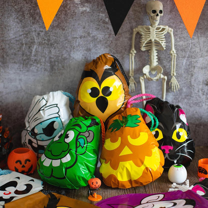 72PCS Halloween Drawstring Goody Bags, Halloween Treats Bags, Trick or Treat Bag, Goodie Candy Gift Bag Bulk for Kids Trick or Treating, Party Favors Supplies, 12 Designs Classroom Gifts Prizes