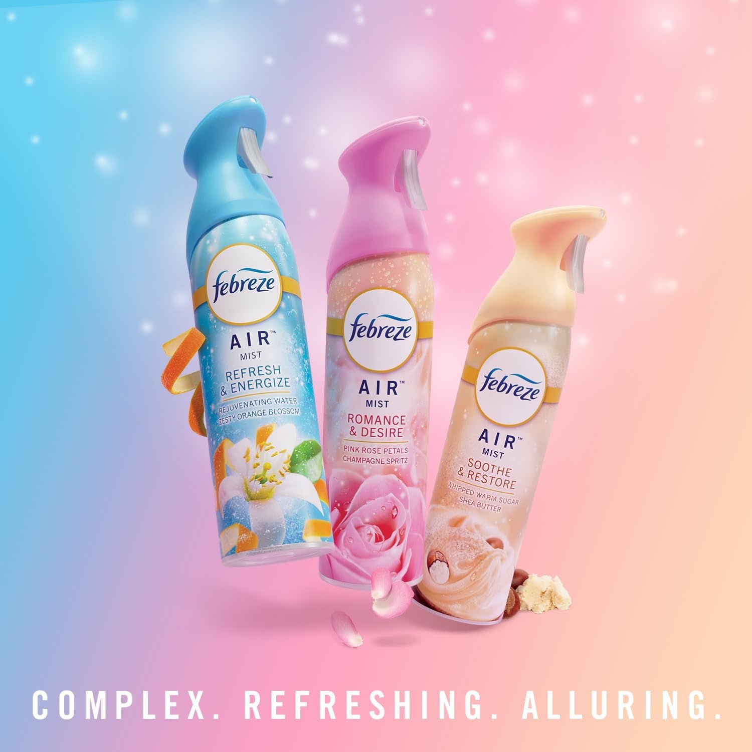 Air Mist Air Freshener Spray, Odor-Fighting Room Spray for Home and Bathroom and Kitchen, Aerosol Can, Refresh & Energize, Soothe & Restore, Romance & Desire Scent, 8.8Oz, 3 Count