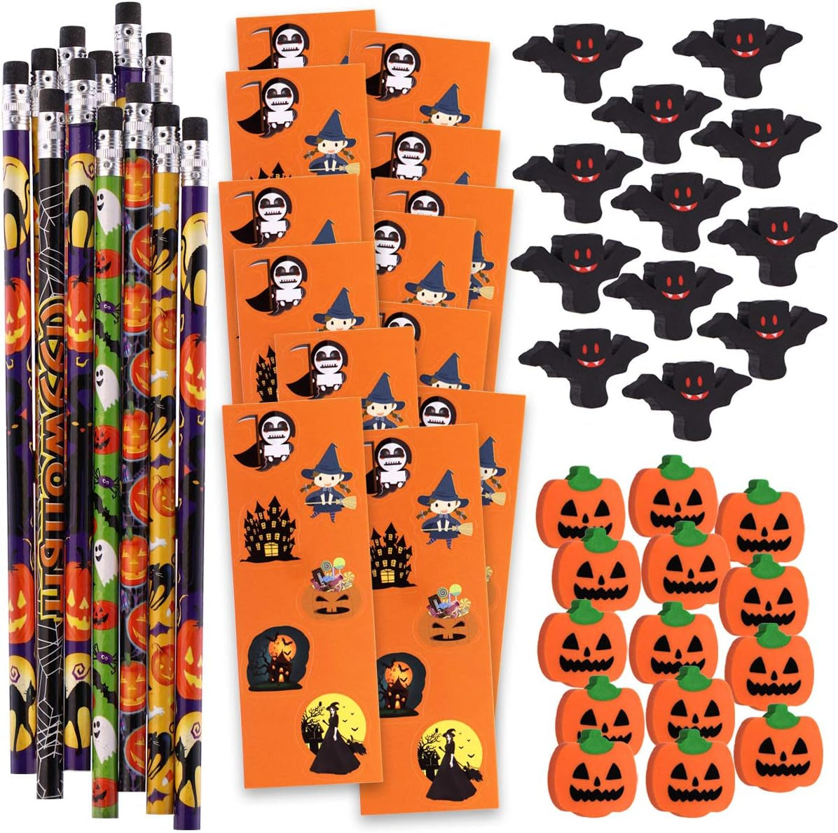 156-Piece Party Favors Assortment | 72 Glitter Tattoos | 48 Erasers | 12 Ducks | 12 Sticker Sheets | 12 Pencils - Halloween Themed
