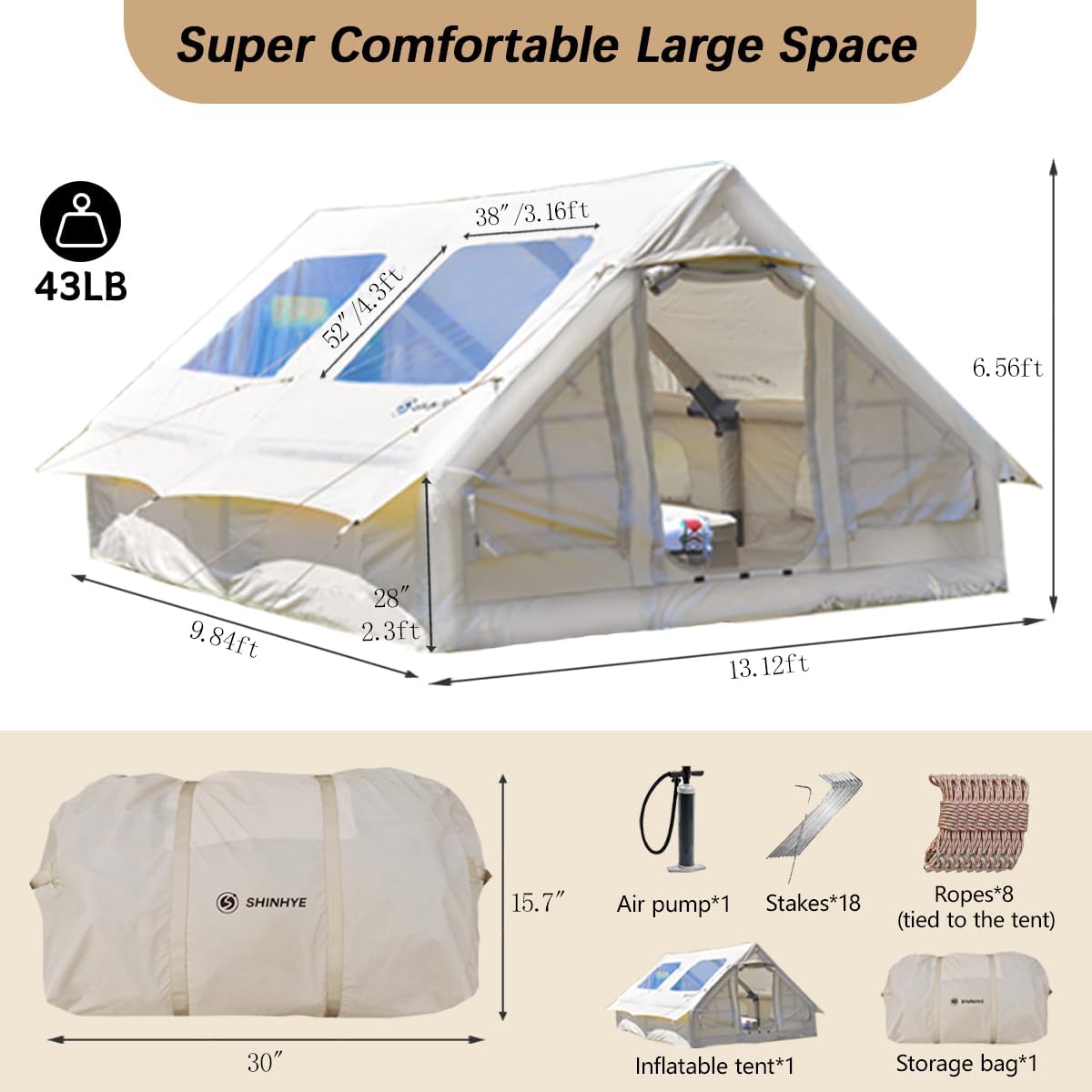 Inflatable Tent for Camping Large Blow up Tents Glamping 4-8 Person House 4 Season Air with Pump Easy Set up Waterproof Outdoor Oxford