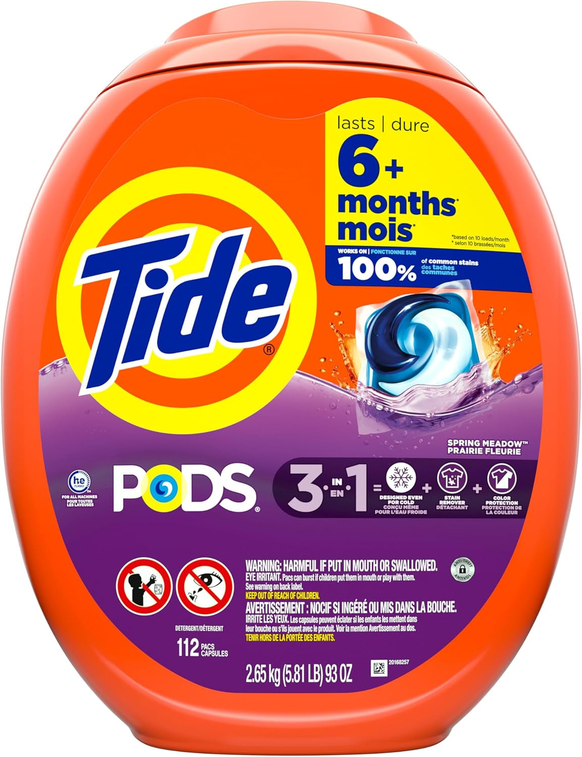 PODS Laundry Detergent Pacs, 3-In-1 Stain Remover, Odor Fighter, Color Protector, 112 Count, HE Compatible, Spring Meadow Scent